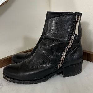 Black leather ankle boots with silver asymmetrical zipper from Frye size 8.5